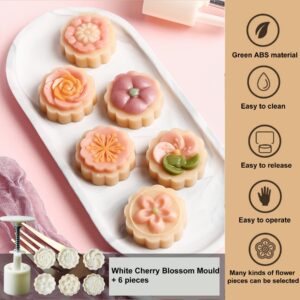LIUDHPSP Moon Cake Mould Set,Includes 12 pcs Flower pattern base and 2 Pieces Bath Bombs Press,Mid Autumn Festival DIY Hand Press Cookie Stamps Pastry Tool Moon Cake Maker(50g) White (Sakura)