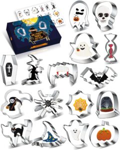 16 pcs halloween cookie cutters halloween set with decorating instructions stainless steel pumpkin witch hat cat bat skull ghost candy coffin and more