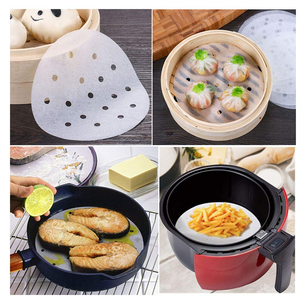 Selaurel 300pcs Air Fryer Liners 7.5 inch Round Bamboo Steamer Liners Premium Perforated Parchment Paper Sheets Non-stick Basket Mat for Air Fryers Steaming Baking Dumplings Cooking