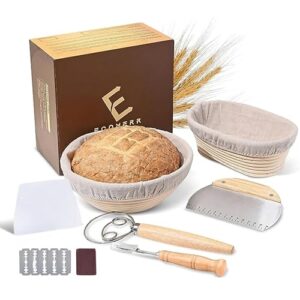 ecomerr 9” banneton bread proofing basket - set of 2 round & oval rattan proofing baskets for sourdough bread baking with bread lame + steel & plastic dough scraper + linen liner cloth + dough whisk