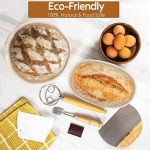 ECOMERR 9” Banneton Bread Proofing Basket - Set of 2 Round & Oval Rattan Proofing Baskets for Sourdough Bread Baking with Bread Lame + Steel & Plastic Dough Scraper + Linen Liner Cloth + Dough Whisk