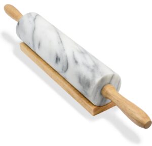 greenco hand crafted nonstick marble rolling pin with wood handles on wooden board resting base | dough, pastry, bread, tortilla, and pizza roller pins | baking and kitchen supplies