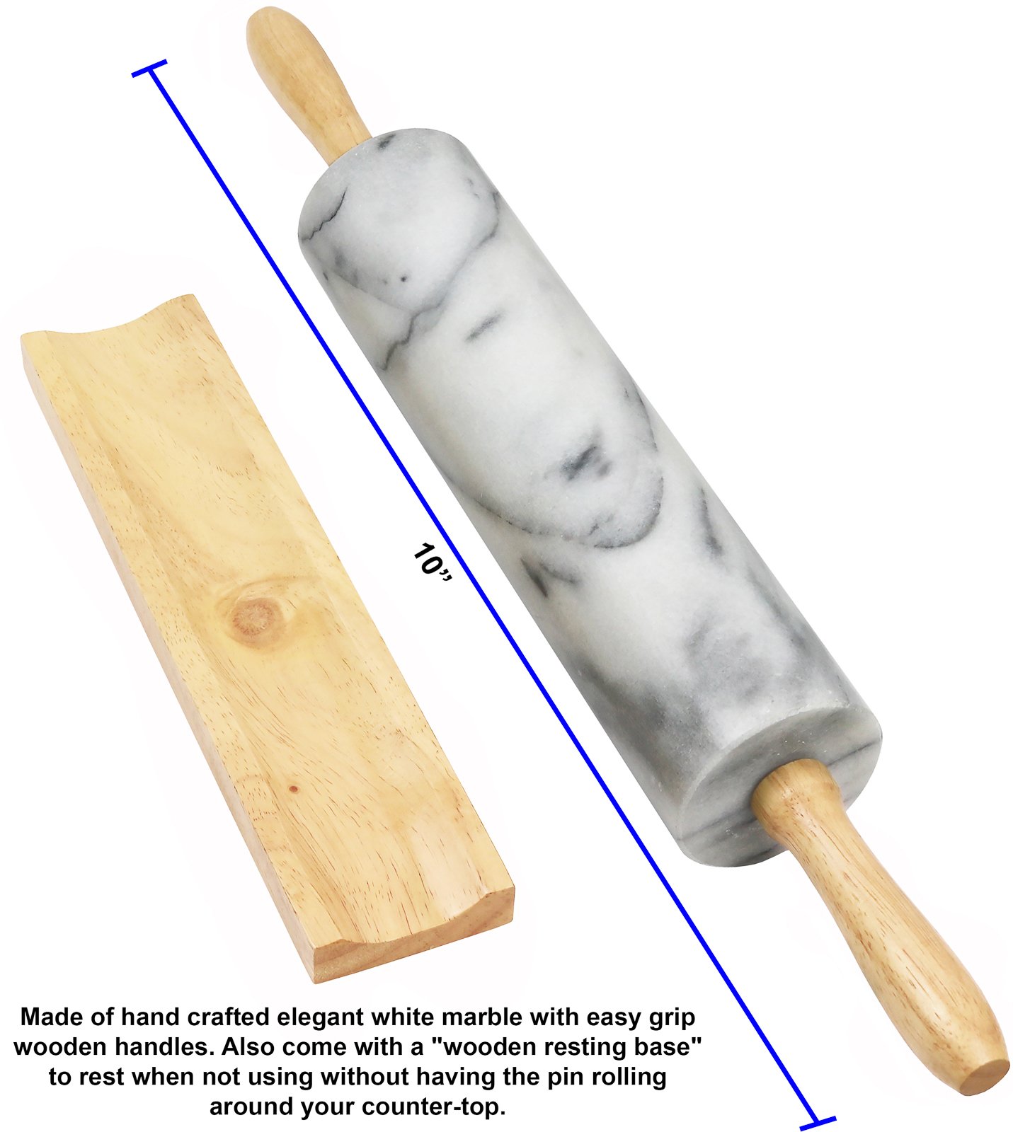 Greenco Hand Crafted Nonstick Marble Rolling Pin with Wood Handles on Wooden Board Resting Base | Dough, Pastry, Bread, Tortilla, and Pizza Roller Pins | Baking and Kitchen Supplies