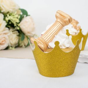 tableclothsfactory 25 pack | gold glitter crown paper cupcake wrappers, muffin paper cup liners
