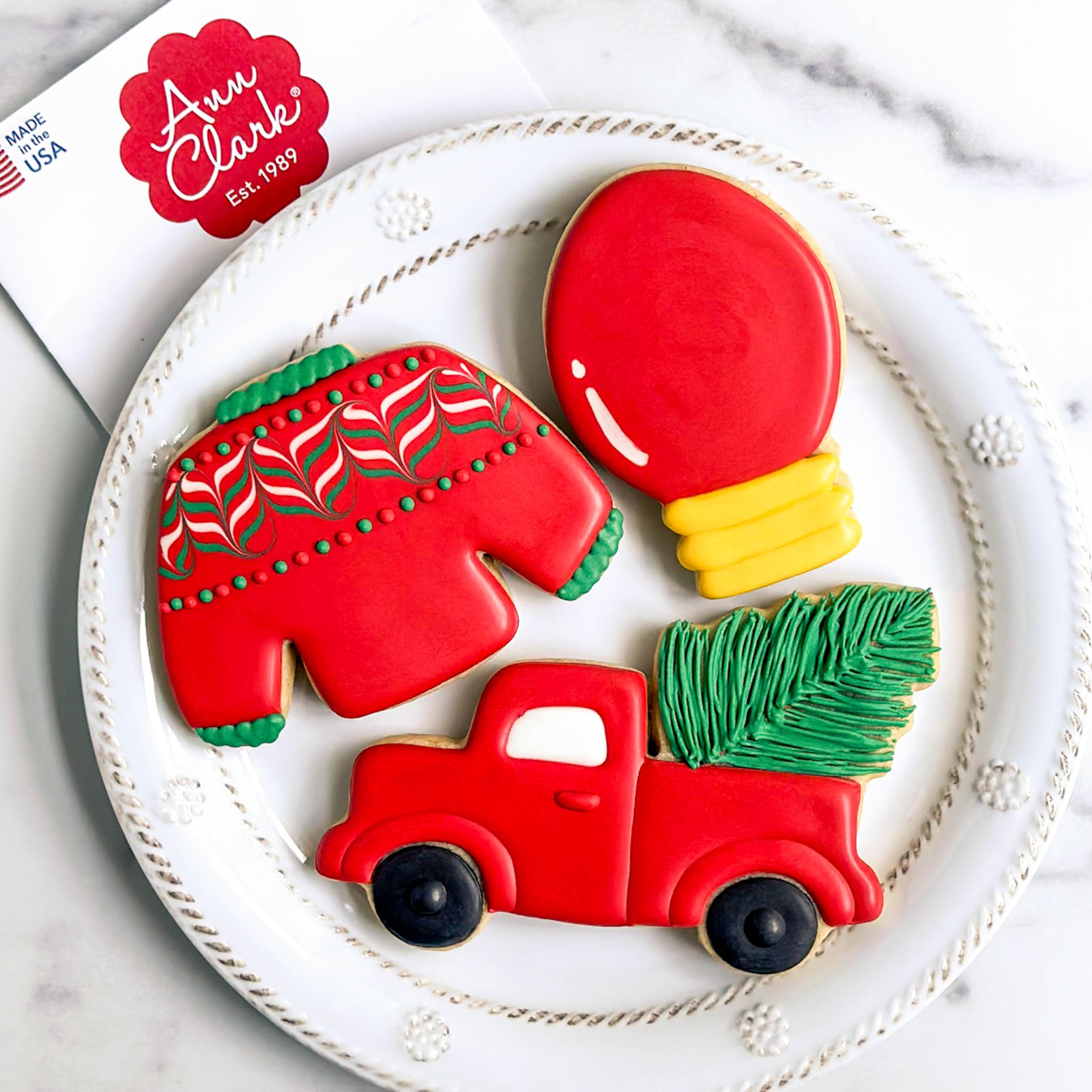Christmas Trends Cookie Cutters 3-Pc. Set Made in the USA by Ann Clark, Vintage Truck with Tree, Lightbulb, Ugly Sweater