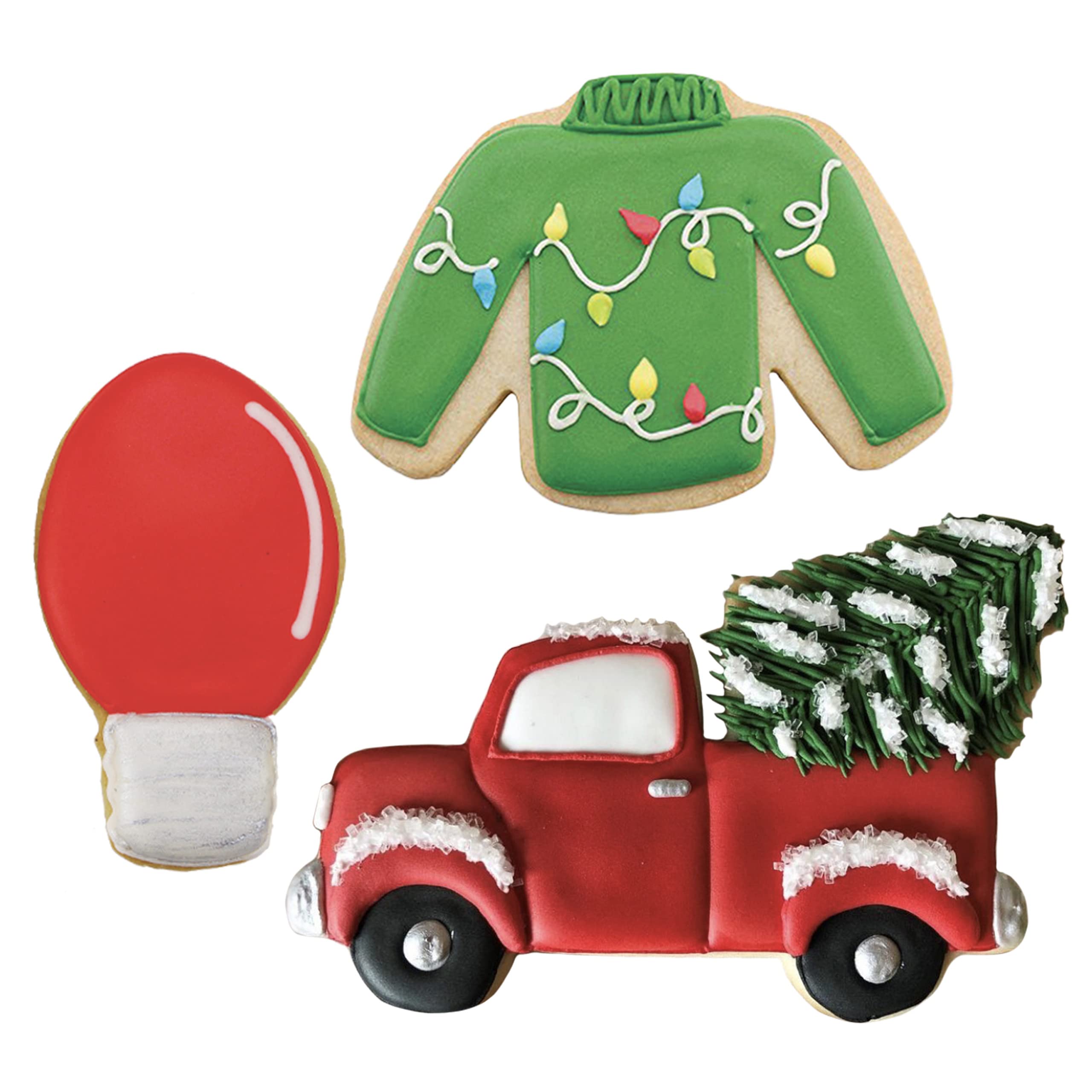 Christmas Trends Cookie Cutters 3-Pc. Set Made in the USA by Ann Clark, Vintage Truck with Tree, Lightbulb, Ugly Sweater