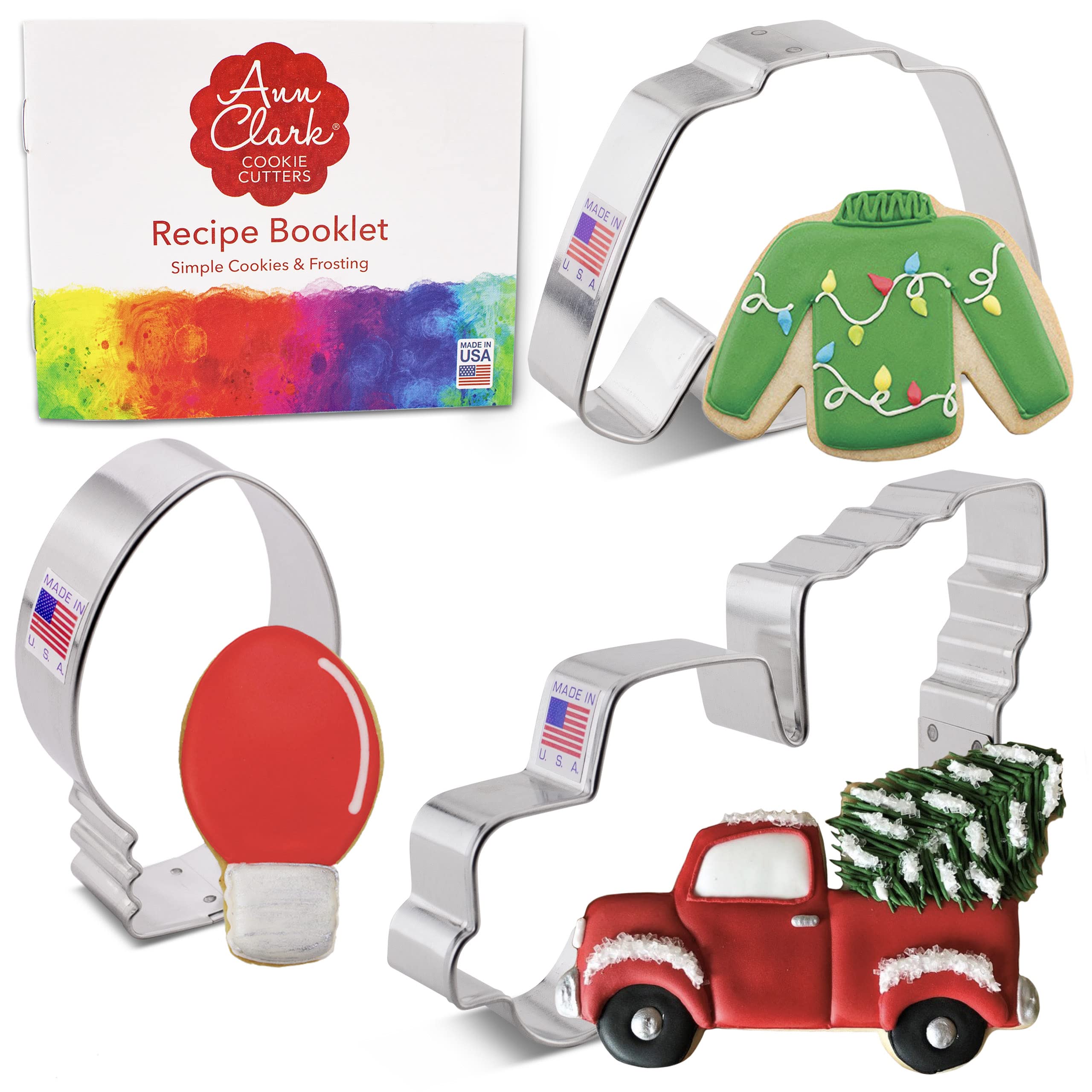 Christmas Trends Cookie Cutters 3-Pc. Set Made in the USA by Ann Clark, Vintage Truck with Tree, Lightbulb, Ugly Sweater