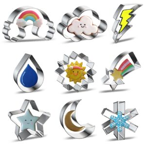 weather cookie cutter set for baking - 9 piece - rainbow cloud lightning bolt raindrop sun shooting star moon snowflake cookie cutters shapes molds for kids holiday birthday party supplies favors