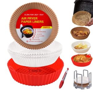 air fryer liners baking paper round, 203pcs air fryer parchment disposable with 7.5" air fryer silicone liner, non-stick wax paper for air fryer liner, water-proof, oil-proof for roasting microwave