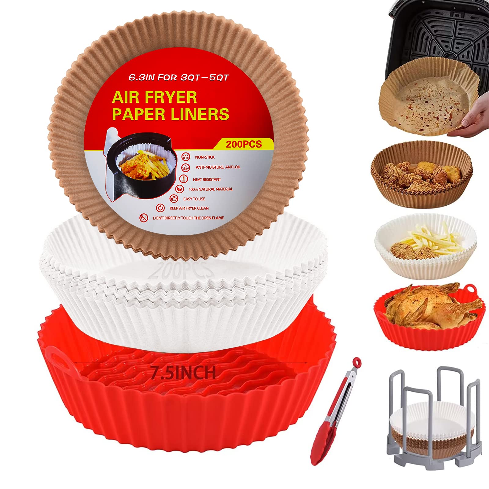 Air Fryer Liners Baking Paper Round, 203pcs Air Fryer Parchment Disposable with 7.5" Air Fryer Silicone Liner, Non-Stick Wax Paper for Air Fryer Liner, Water-proof, Oil-proof for Roasting Microwave