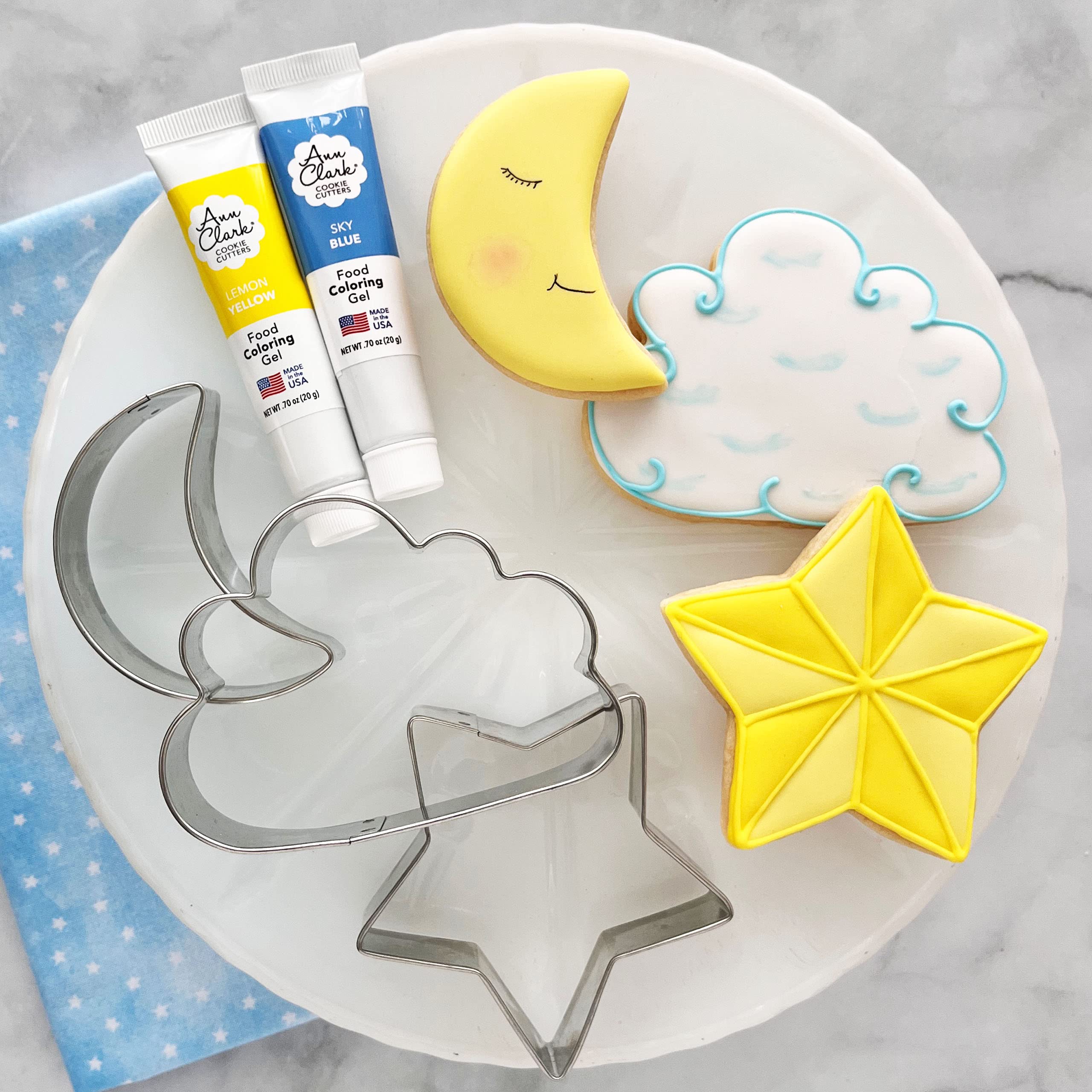 Celestial Cookie Decorating 5-Pc. Set Made in USA by Ann Clark, Star, Cloud, Crescent Moon, Yellow & Sky Blue Food Coloring Gel