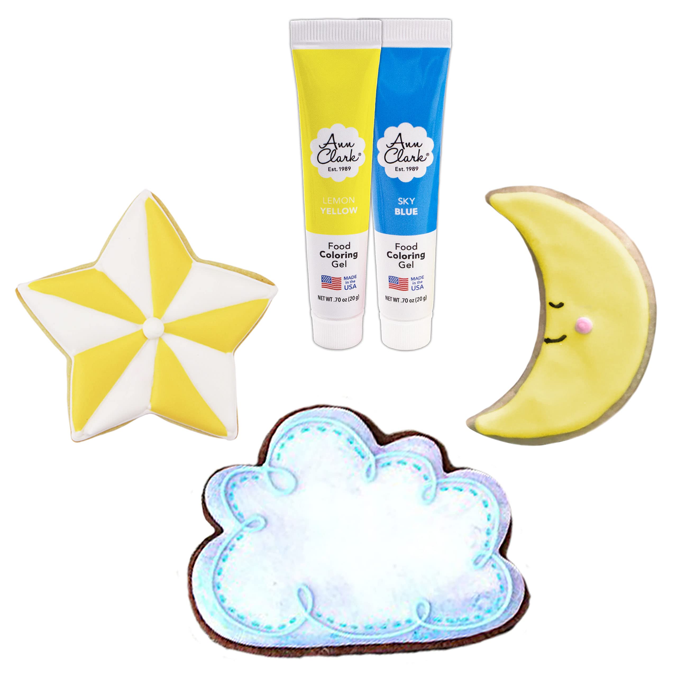 Celestial Cookie Decorating 5-Pc. Set Made in USA by Ann Clark, Star, Cloud, Crescent Moon, Yellow & Sky Blue Food Coloring Gel