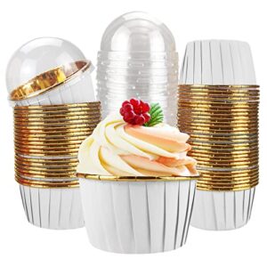 cupcake liners with lids, 50 pack 3.5 oz disposable foil baking cup muffin tins mini cupcake liner cupcake wrappers holders for wedding valentine-white in gold