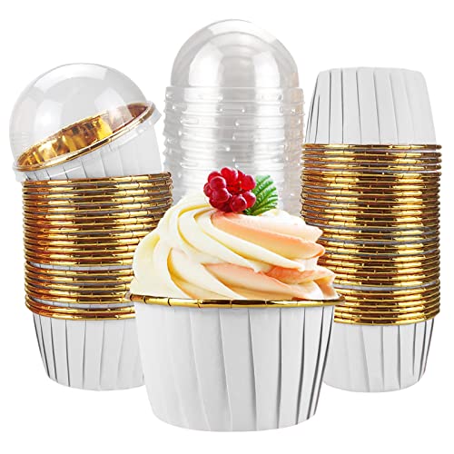 Cupcake Liners With Lids, 50 Pack 3.5 Oz Disposable Foil Baking Cup Muffin Tins Mini Cupcake Liner Cupcake Wrappers Holders For Wedding Valentine-White in Gold