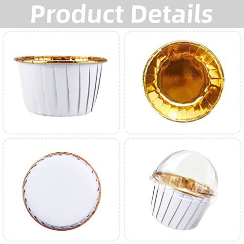 Cupcake Liners With Lids, 50 Pack 3.5 Oz Disposable Foil Baking Cup Muffin Tins Mini Cupcake Liner Cupcake Wrappers Holders For Wedding Valentine-White in Gold