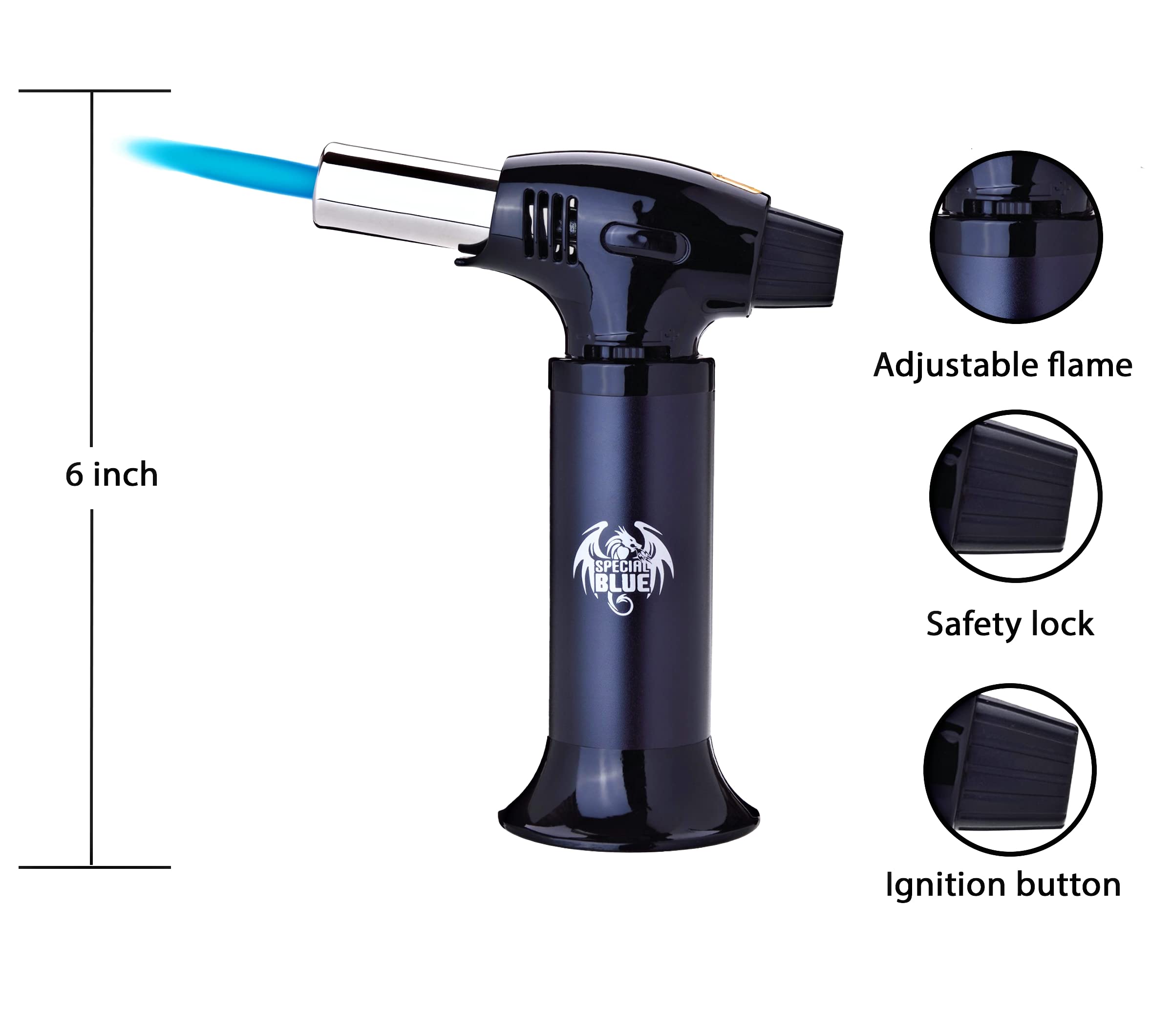 Kitchen Torch, blow torch -Special Blue Refillable Butane Torch With Safety Lock & Adjustable Flame and Fuel gauge - Culinary Torch, Creme Brulée Torch for Cooking Food, Baking, BBQ (Black)