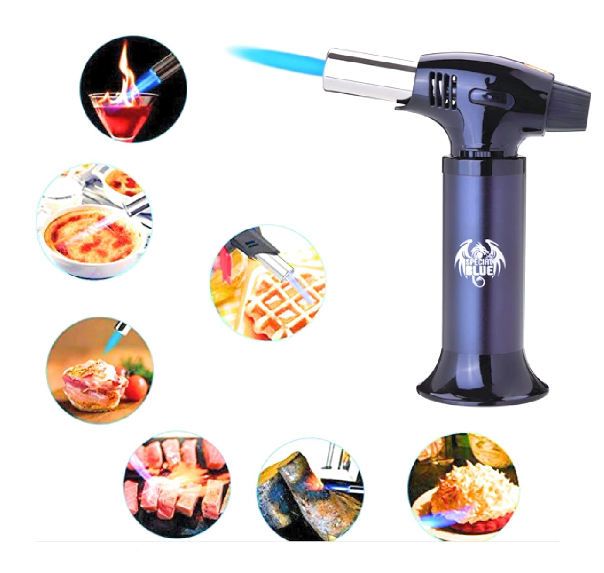 Kitchen Torch, blow torch -Special Blue Refillable Butane Torch With Safety Lock & Adjustable Flame and Fuel gauge - Culinary Torch, Creme Brulée Torch for Cooking Food, Baking, BBQ (Black)