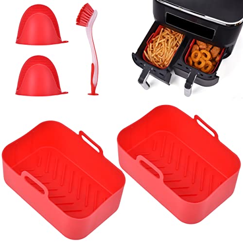 2-Pack Air Fryer Silicone Pot for 8 QT Ninja Foodi Dual DZ201,Reusable Rectangle Silicone Air Fryer Liners,Food Safe Air Fryer Basket Accessories with Heat Proof Gloves & Cleaning Brush