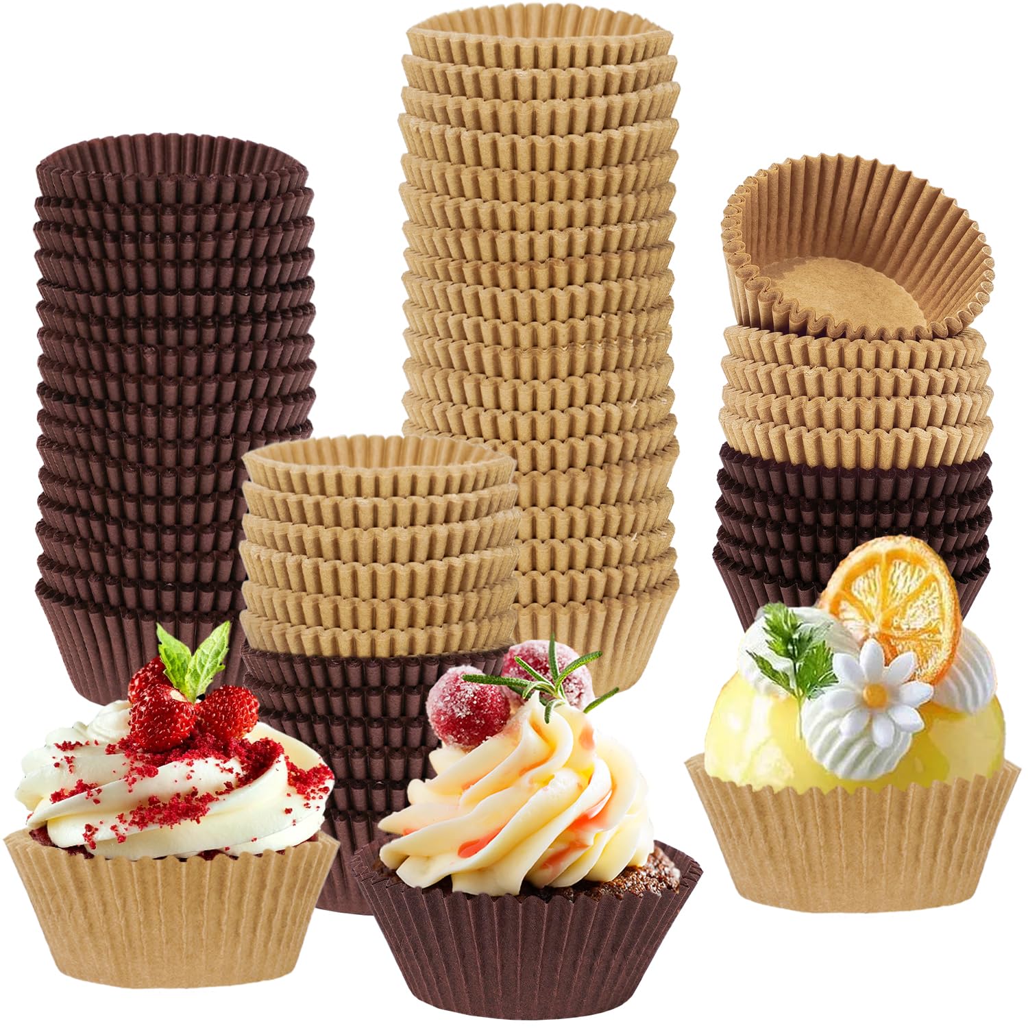 Whaline 1200Pcs Cupcake Liners Brown & Natural Muffin Liners 2 Colors Greaseproof Standard Paper Baking Cups for Birthday Wedding Gathering Party Fruit Candy Baking Supplies