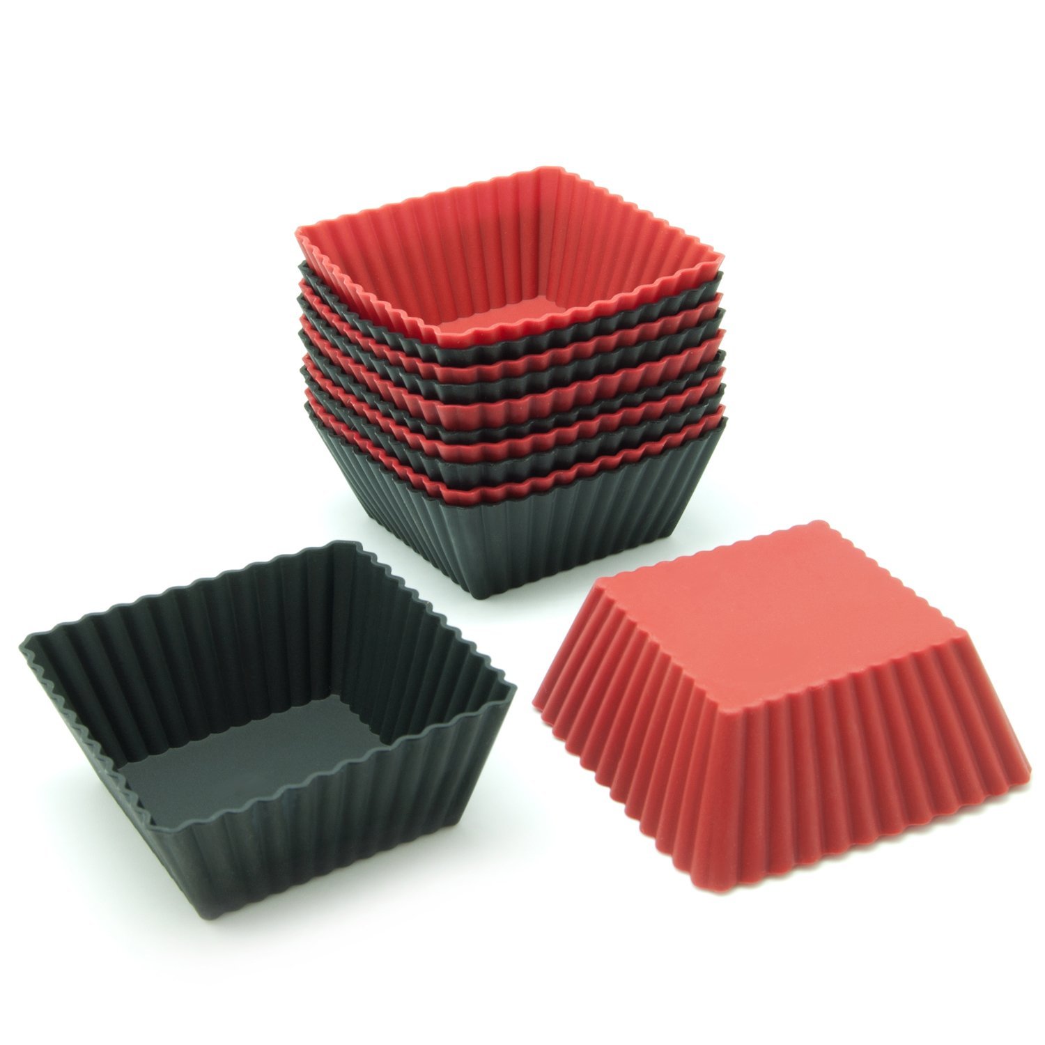 Freshware Silicone Baking Cups [12-Pack] Reusable Cupcake Liners Non-Stick Muffin Cups Cake Molds Cupcake Holder in Red and Black Colors, Medium Square