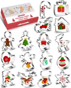 16 pcs christmas cookie cutters winter set with decorating instructions stainless steel gingerbread man tree snowflake candy cane santa snowman and more