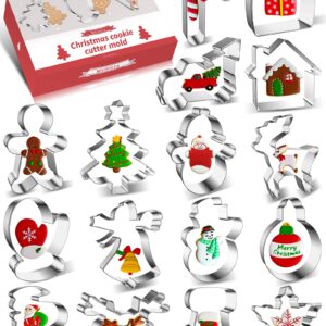 16 Pcs Christmas Cookie Cutters Winter Set with Decorating Instructions Stainless Steel Gingerbread Man Tree Snowflake Candy Cane Santa Snowman And More