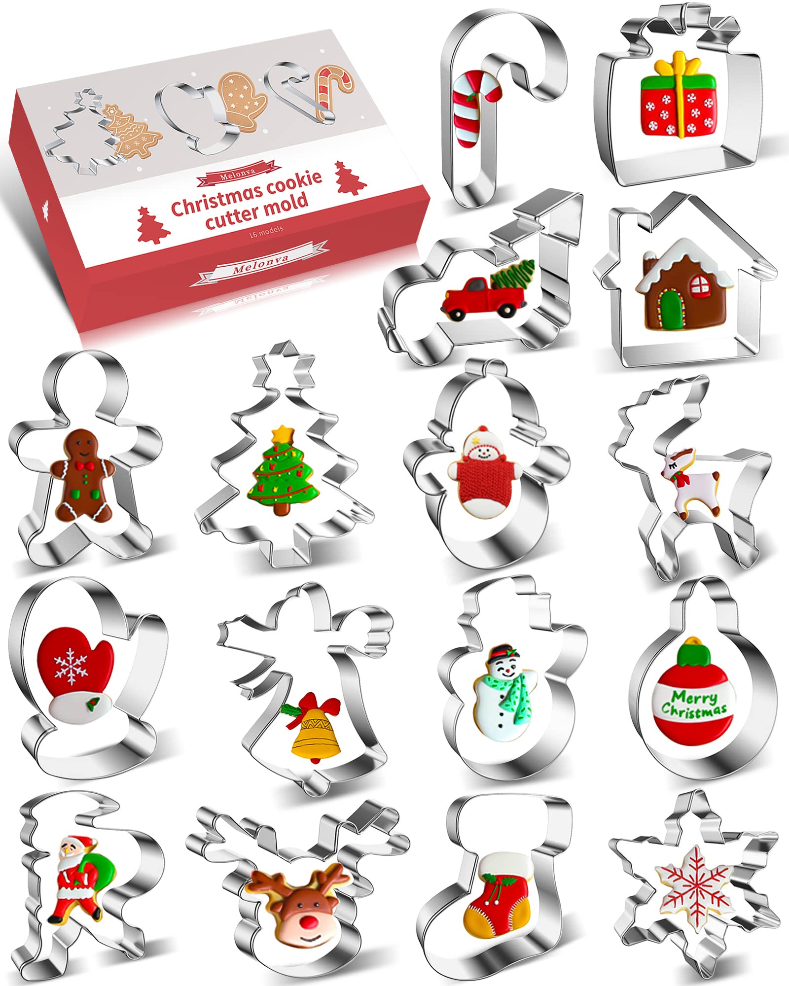 16 Pcs Christmas Cookie Cutters Winter Set with Decorating Instructions Stainless Steel Gingerbread Man Tree Snowflake Candy Cane Santa Snowman And More