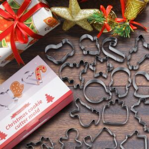 16 Pcs Christmas Cookie Cutters Winter Set with Decorating Instructions Stainless Steel Gingerbread Man Tree Snowflake Candy Cane Santa Snowman And More