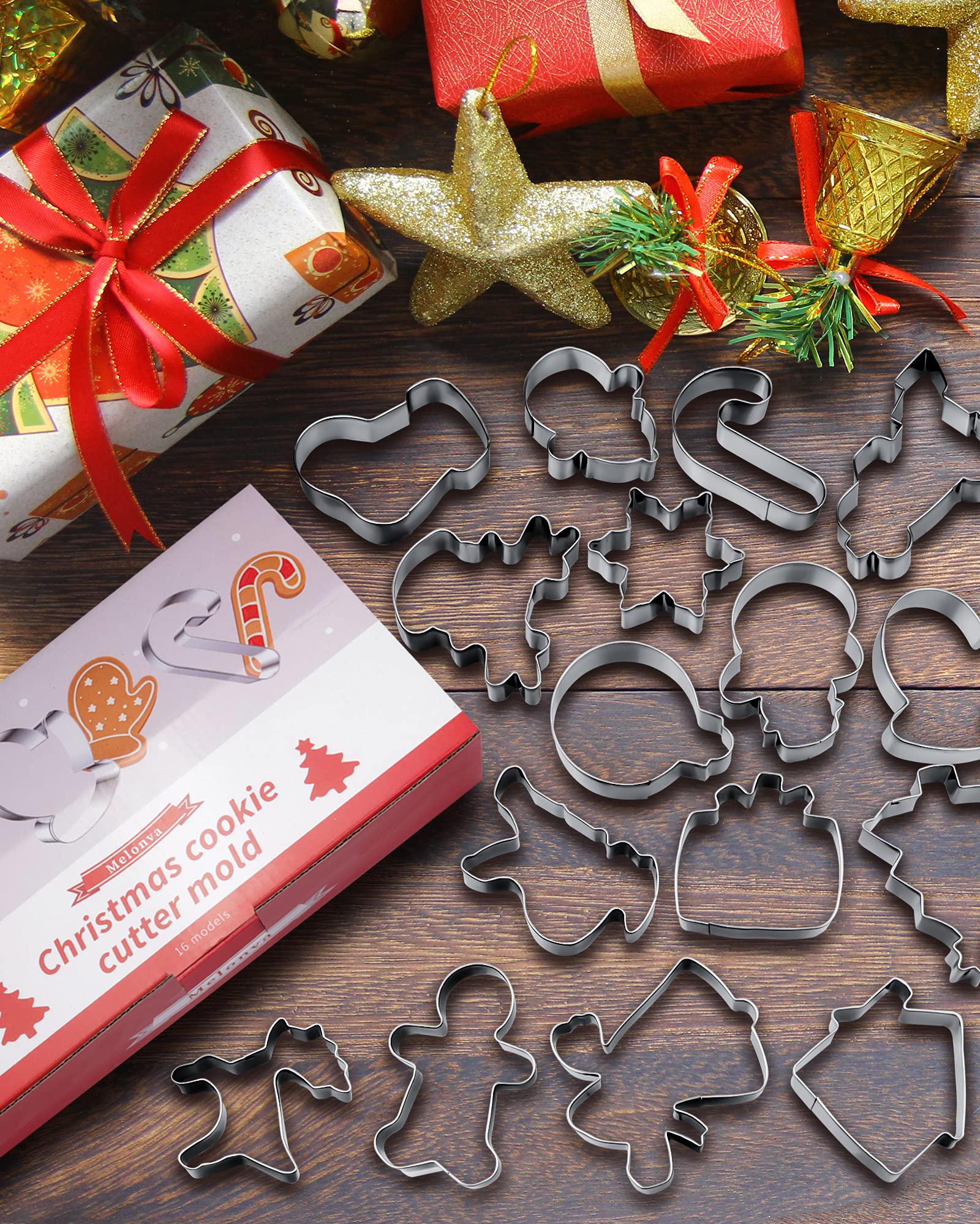 16 Pcs Christmas Cookie Cutters Winter Set with Decorating Instructions Stainless Steel Gingerbread Man Tree Snowflake Candy Cane Santa Snowman And More