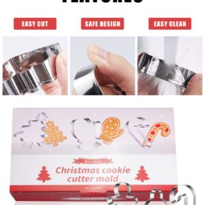 16 Pcs Christmas Cookie Cutters Winter Set with Decorating Instructions Stainless Steel Gingerbread Man Tree Snowflake Candy Cane Santa Snowman And More