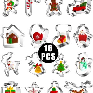 16 Pcs Christmas Cookie Cutters Winter Set with Decorating Instructions Stainless Steel Gingerbread Man Tree Snowflake Candy Cane Santa Snowman And More