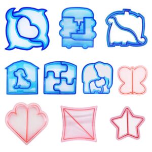 10 pcs cookie cutter set for kids and parents, sandwich and bread crust cutters of various kinds- butterfly, dinosaur, elephants, dog, car, dolphin, square, heart, star in 10 cute shapes