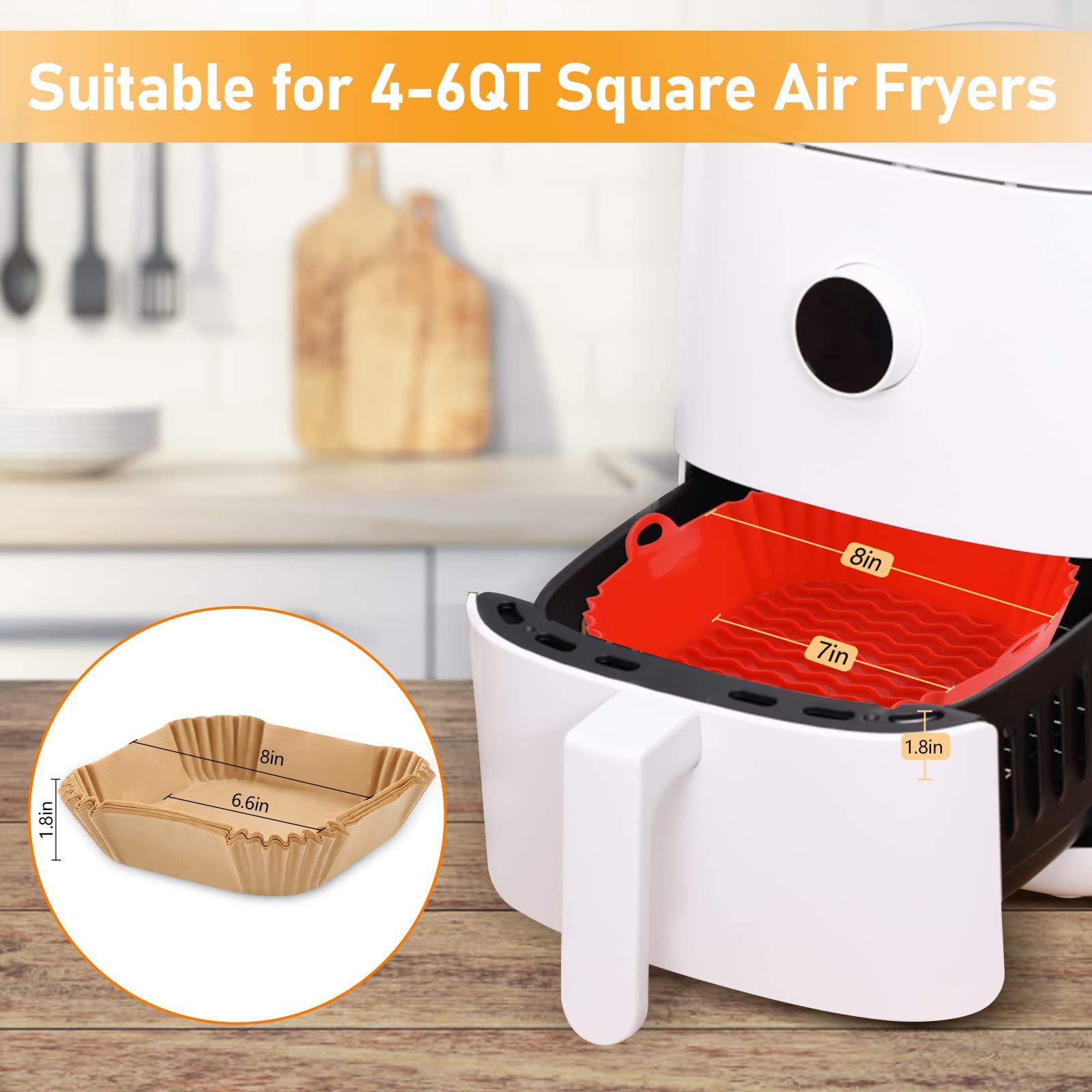 JVJRFQ Square Silicone Air Fryer Liners 8 inch with Paper Liners Disposable for 4 to 7 QT, 2-Pack Reusable Silicone Air Fryer Inserts for Oven Microwave Accessories