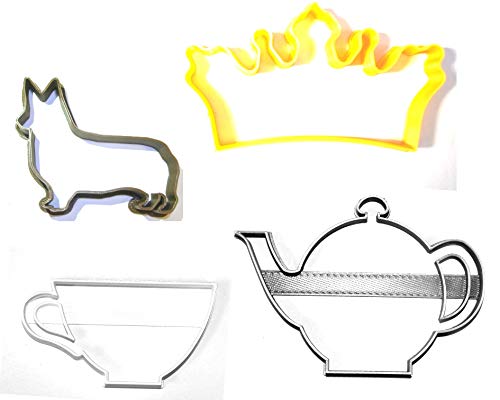 QUEEN ELIZABETH THEMED ENGLAND UK TEA PARTY CROWN CORGI SET OF 4 COOKIE CUTTERS MADE IN USA PR1058