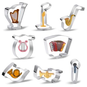 musical instrument cookie cutters 8-piece music cookie cutter set with stage microphone, saxophone,lyre harp,accordion,french horn,trumpet cutters shapes molds for musician party - stainless steel