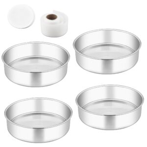 teamfar 6 inch cake pans, 4 pc stainless steel round baking cake pan with parchment paper & side liner roll, healthy & durable, non-stick & heat-resistant, dishwasher safe