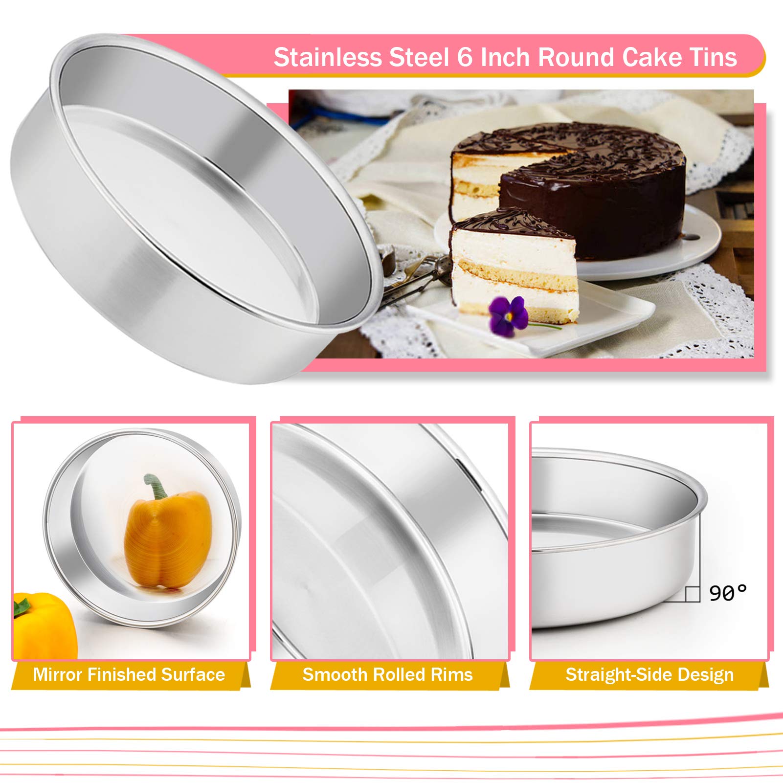 TeamFar 6 Inch Cake Pans, 4 PC Stainless Steel Round Baking Cake Pan with Parchment Paper & Side Liner Roll, Healthy & Durable, Non-Stick & Heat-Resistant, Dishwasher Safe