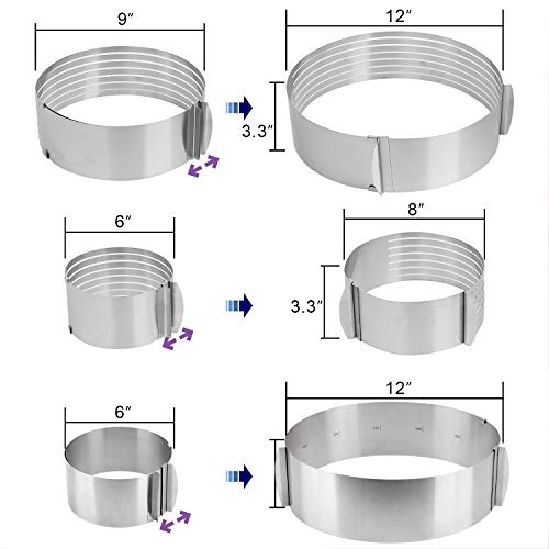 KEILEOHO Layer Cake Slicer Set, 2 PCS Stainless Steel Adjustable 7 Layered Bread Cutter Ring with Respective Diameter of 6-8 Inches and 9-12 Inches 3.4 Inches High and 1 PCS Adjustable Biscuit Cutter