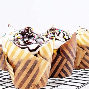 Baking Paper Cups Cupcake Liners Tulip Baking Paper Cups 100 Pcs Natural Stripes Tulip Style Baking Wrappers Muffin Cups-Muffin Wrappers Grease-Proof for Wedding Birthday Party