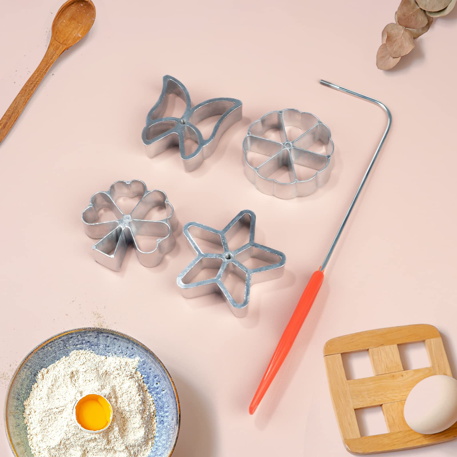 VEIREN Rosette Iron Set Creative Cake Printing Cookie Pastry Mold with 4 Shapes Interchangeable Heads Cute Butterfly Star Snowflake Leaf with Lifting Handle for Dessert Biscuit Waffle Baking Gadget