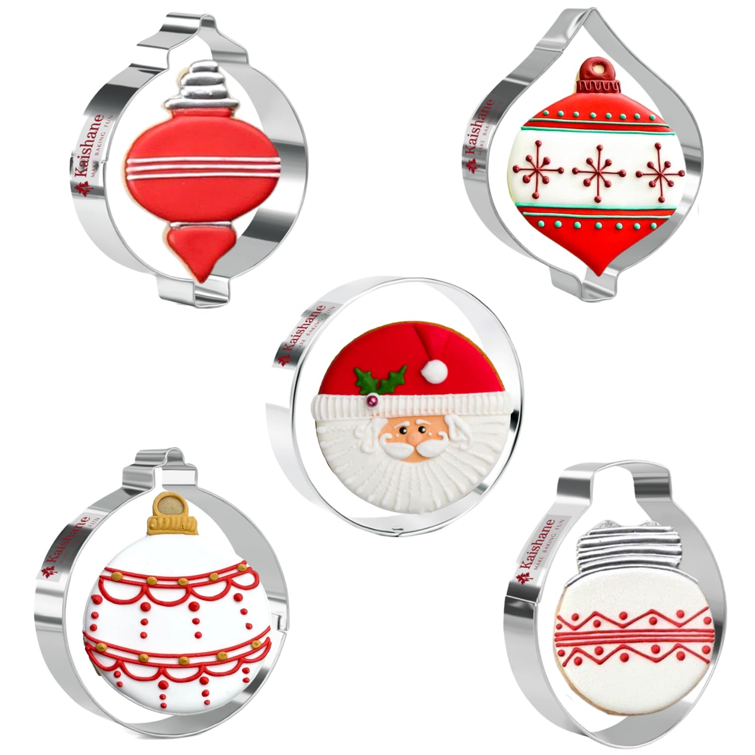 KAISHANE Christmas Cookie Cutters - 5 Pieces -Christmas Ornament,Light bulb,Round Cookie Cutters