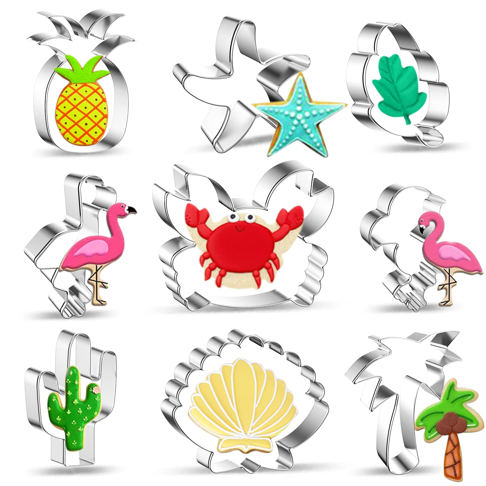 HOWAF Hawaiian Tropical Cookie Cutter, 9 Pieces Cactus,Pineapple,Flamingo,Palm Tree Cookie Cookie Molds for Handmade Cookie, Summer Themed Stainless Steel Cutters Molds for Beach Party Supplies