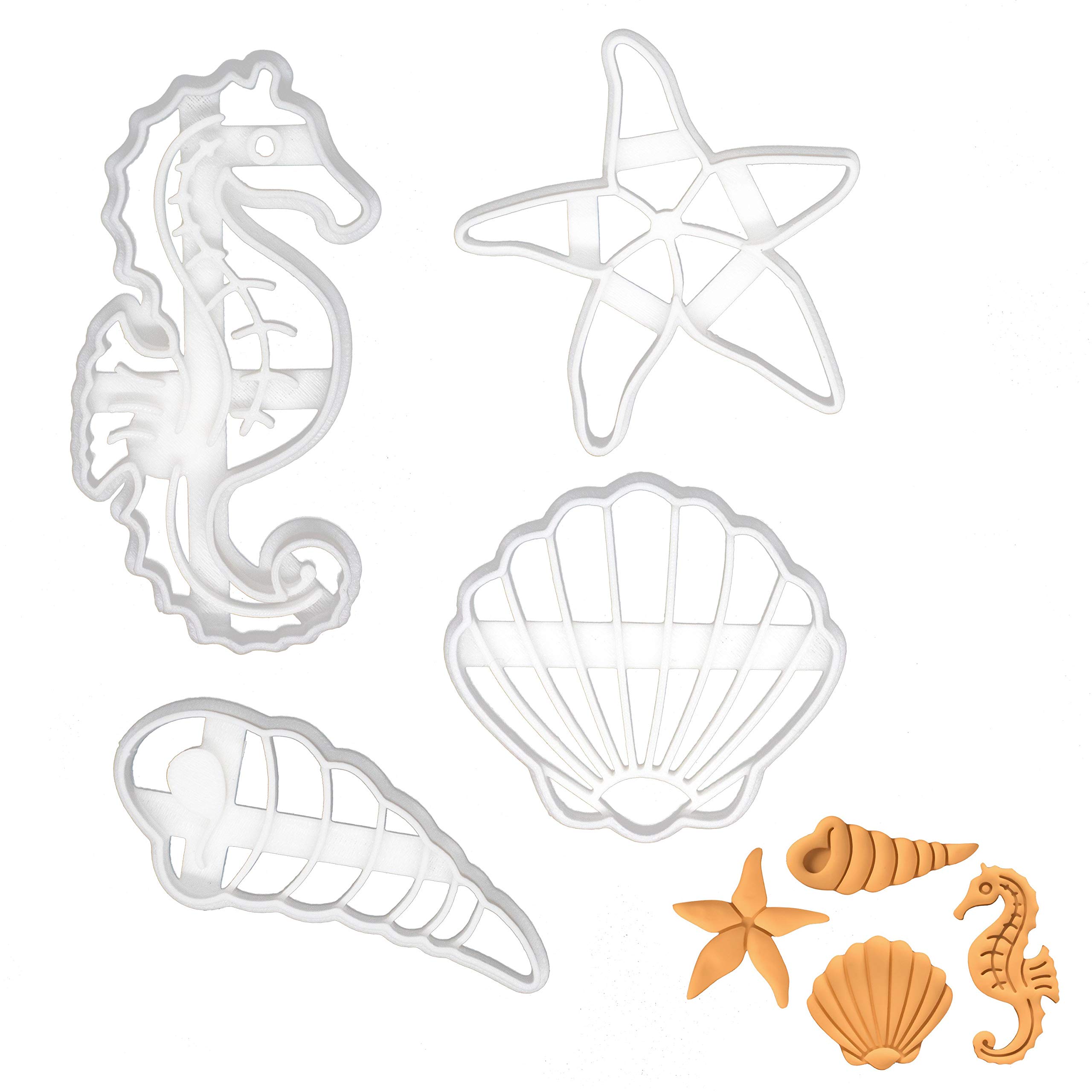 Set of 4 Shells cookie cutters (Designs: Seashell, Corkscrew, Starfish and Seahorse), 4 pieces - Bakerlogy