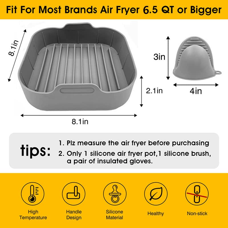 Silicone Air Fryer Basket,8.1inch Air Fryer Silicone Liner Square, Heat Resistant Gloves,Silicone Brush, Food Safe Air Fryer Oven Accessories,Reusable Replacement of Flammable Parchment Liner Paper