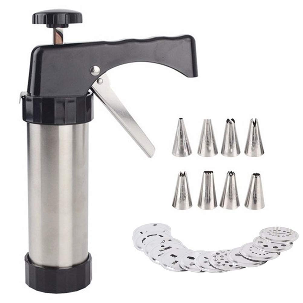 Faruxue DIY Cookie Press Gun Kit Stainless Steel Biscuit Press Cookie Icing Gun Set with 13 Discs and 7 Icing Tips Ideal for Biscuit, Cake, Churro, Cookie