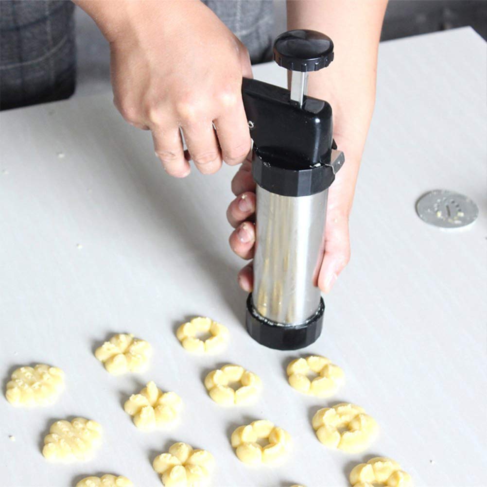 Faruxue DIY Cookie Press Gun Kit Stainless Steel Biscuit Press Cookie Icing Gun Set with 13 Discs and 7 Icing Tips Ideal for Biscuit, Cake, Churro, Cookie