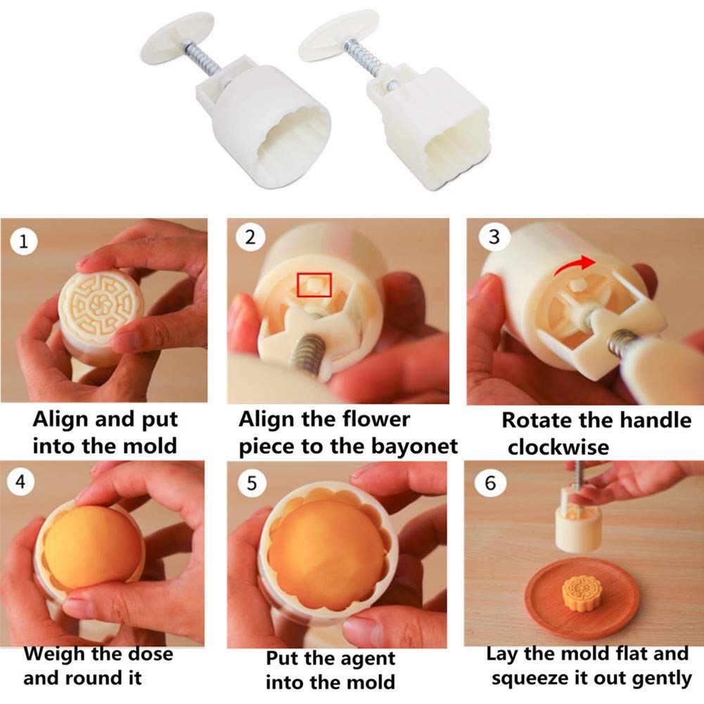 Accfore 2 Pack Mooncake Mold Press with 10 Stamps,Round Flower and Square Flower Decoration Tools for Moon Cake Baking DIY Cookie Stamps Pastry Biscuit Desser