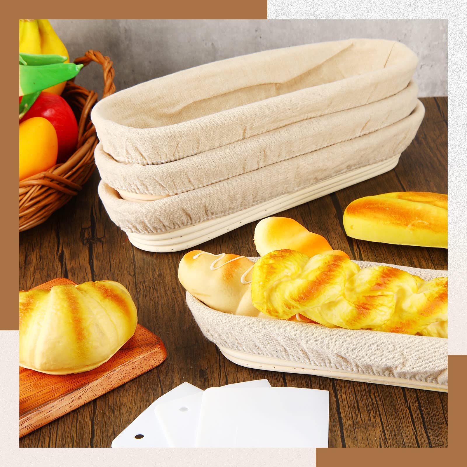 4 Pieces 13.8 Inch Banneton Bread Proofing Basket Oval Long Bread Proofing Basket Banneton Basket Dough Proofing Basket with Liners and Scatters for Home Sourdough Bread Baking