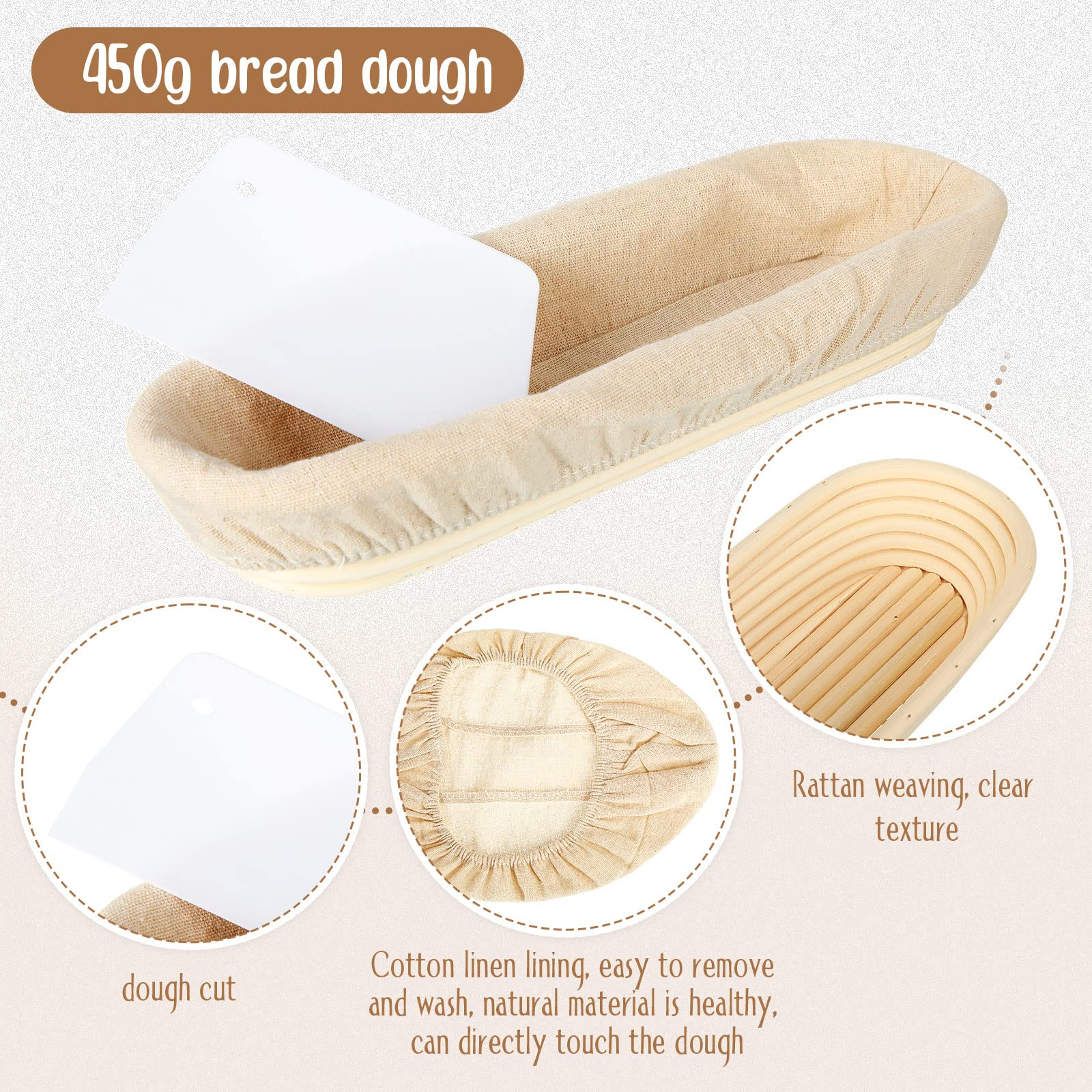 4 Pieces 13.8 Inch Banneton Bread Proofing Basket Oval Long Bread Proofing Basket Banneton Basket Dough Proofing Basket with Liners and Scatters for Home Sourdough Bread Baking