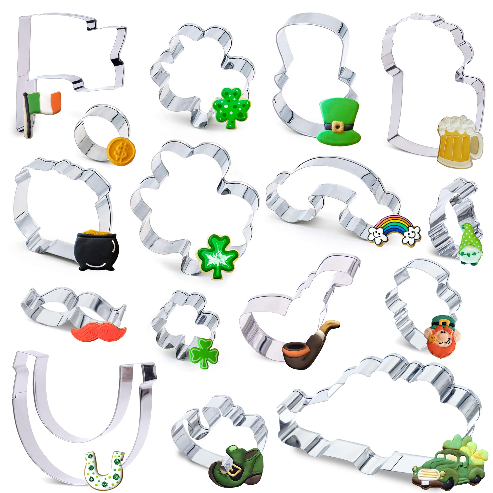 16PCS St.Patrick's Day Cookie Cutter Set Irish Party Supplies - Shamrock Leprechaun Coin Rainbow Beer Flag Horseshoe Design